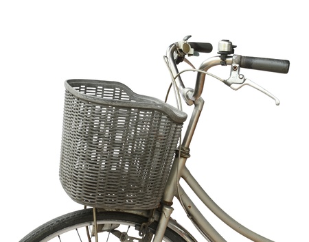 Basket on bicycle isolated on white backgroundの写真素材
