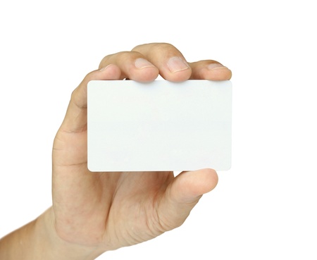 Male hand show blank card isolated on white backgroundの写真素材