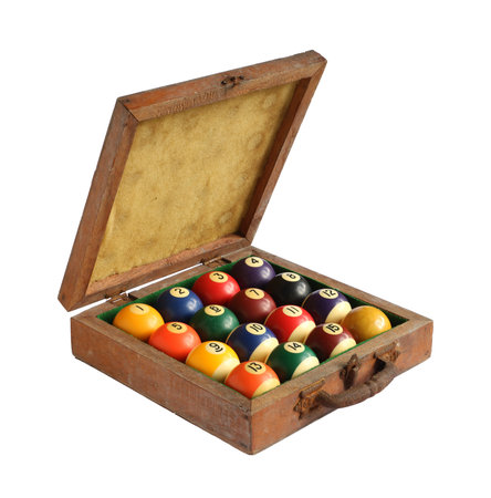 Billiard balls (pool balls) in wooden box isolated on white background