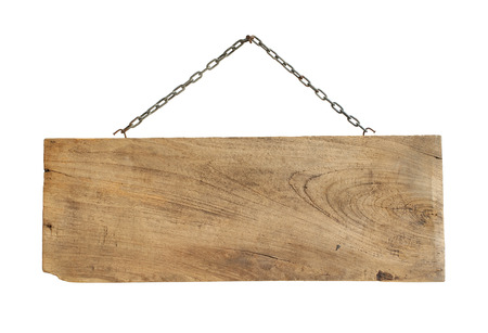 Wooden sign hanging isolated on white backgroundの写真素材