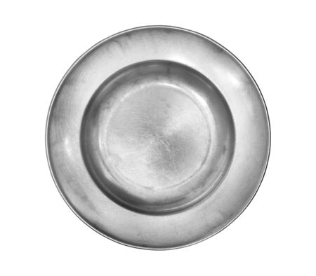 Stainless steel dish top view  isolated on white backgroundの写真素材