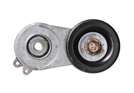 Car engine belt tensioner roller assembly isolated on white backgroundの写真素材