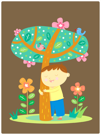 boy hug tree, illustrationのイラスト素材