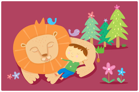 boy sleep with lion and bird, illustrationのイラスト素材