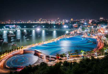 Pattaya, Thiland - January 14, 2018, A view of new fountain landmark at Bali Hai Pier, Pattaya. in front of Water Front Hotel is on instruction.のeditorial素材