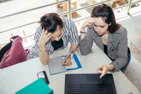 A group of teenage student in university smiling and using the laptop to learning the reason and doing the homework in summer holiday.の写真素材