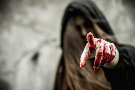Asian woman dress black as Grim Reaper of death and point the finger at you in Halloween festival....