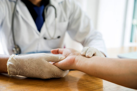 A doctor is working in the hospital, he is wearing a brown stethoscope and he is investigating the...