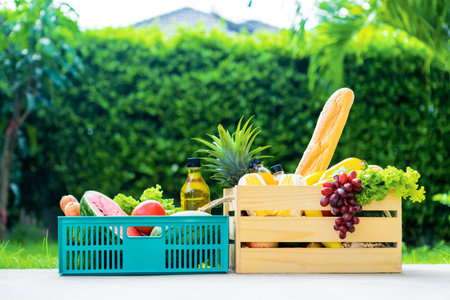Wooden basket with vegetables. fresh vegetables in a basket. picnic in the garden. Stay at home. Enjoy cooking at home. Family concept.の写真素材