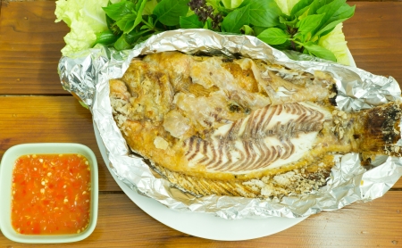 Grilled salted fish with fresh vegetableの写真素材