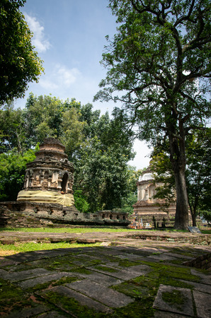 Ancient pagod at Wat Chet Yot,  old buddhist temple in Chiang Mai in northern Thailandの写真素材