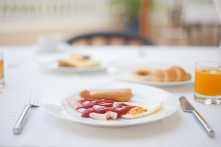 Breakfast bacon and egg on tableの写真素材