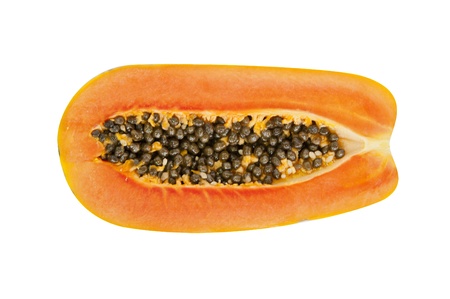 Papaya fruit sliced isolated on white backgroundの写真素材