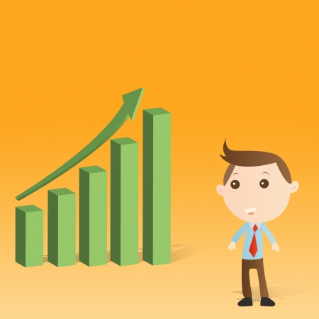 Businessman with graph on yellow backgroundの写真素材