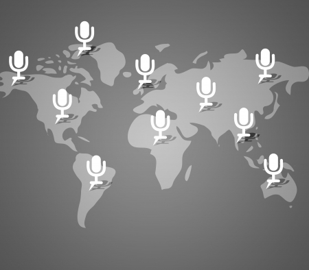 Microphone button on world map background  の写真素材