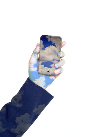 Double exposure of sky and business using digital tabletの写真素材