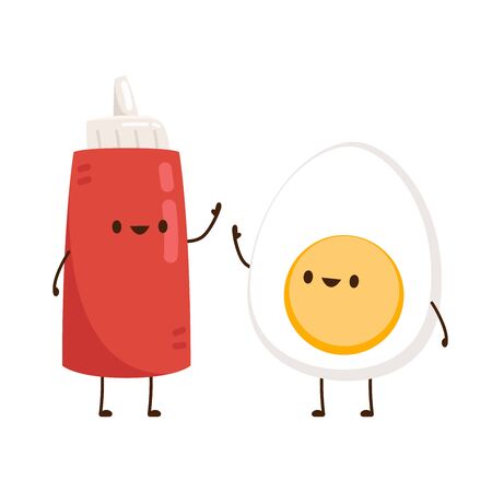 Tomato sauce and Egg character design. white background. free space for text.のイラスト素材