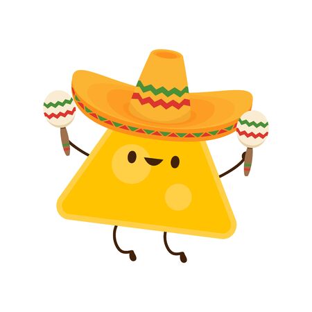 Nacho in Mexican hat. Nacho character design. Nachos on white background. Mexican hat.のイラスト素材