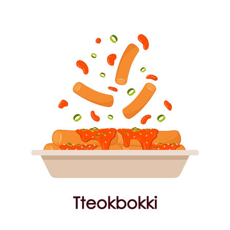Tteokbokki noodle in paper plate. Korean food. Spicy rice cake. Tteokbokki on Pick vector.のイラスト素材