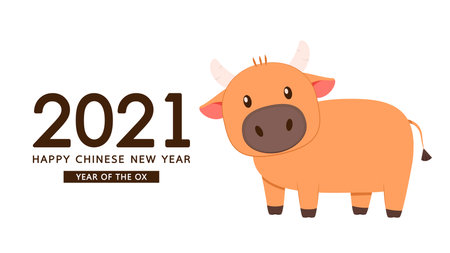 Chinese Happy new year 2021. Happy new year. Year of the Ox. Ox cartoon vector. Ox character design.のイラスト素材