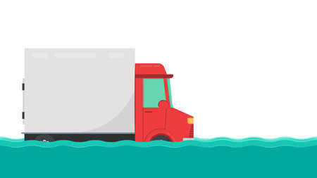 Road flooding. A truck trying to drive against flood on the street.のイラスト素材