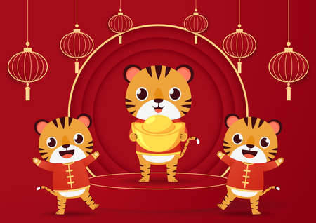 Happy Chinese new year 2022 poster. Happy Chinese new year greeting card 2022 with cute tiger. Tiger character design.のイラスト素材