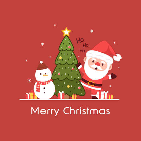 Merry Christmas and happy new year 2022 greeting card. Snowman and Santa Claus cartoon character. Cute Christmas mascot.のイラスト素材