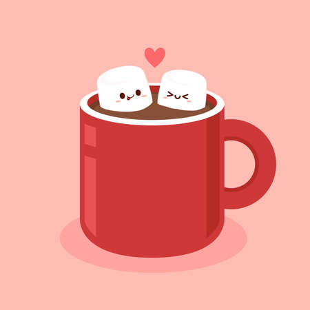 Funny Marshmallows characters  and cup of coffee. Marshmallows character design. Dessert cartoon.のイラスト素材