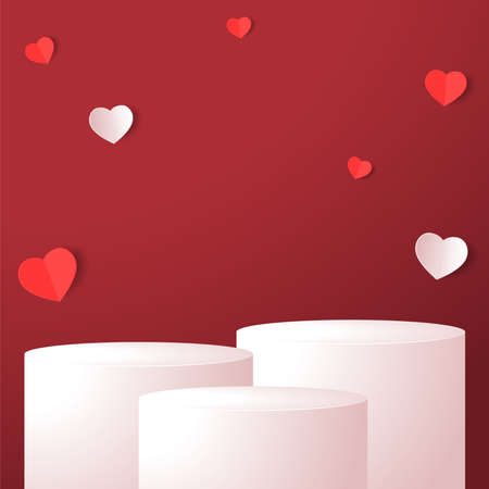 Valentine paper style vector. Beautiful pink realistic heart shaped podium for valentine's day product display presentation with decorative falling paper hearts vector template.のイラスト素材