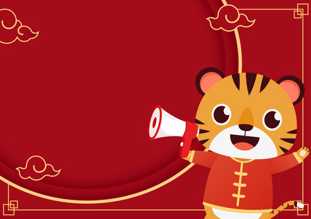 Chinese new label. Happy Chinese new year greeting card 2022 with cute tiger. Tiger character design. copy space.のイラスト素材