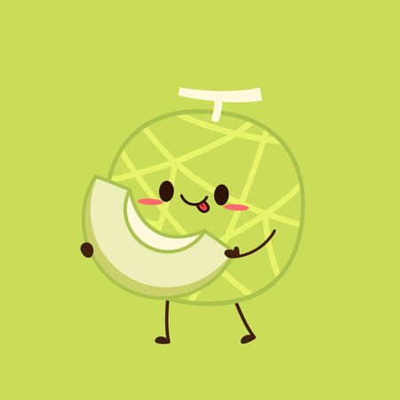 Melon character design. melon on green background. Melon cartoon.のイラスト素材