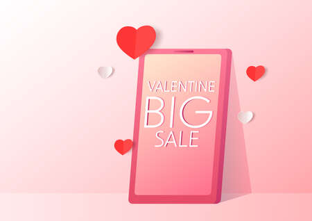 Sale on mobile phone for online sale for website banner or poster sale. Pastel color, Vector illustration. Valentine sale poster.のイラスト素材