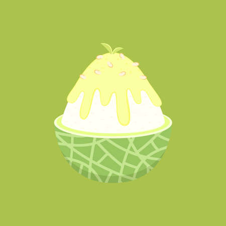 Bingsu is Korean dessert. Melon Bingsu vector. Bingsu in green melon.のイラスト素材