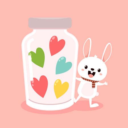 Valentine's day card with Kawaii bunny. Rabbit cartoon vector collection. Animal wildlife character. Small lovely rabbit holds love heart. Valentine's day illustration.のイラスト素材