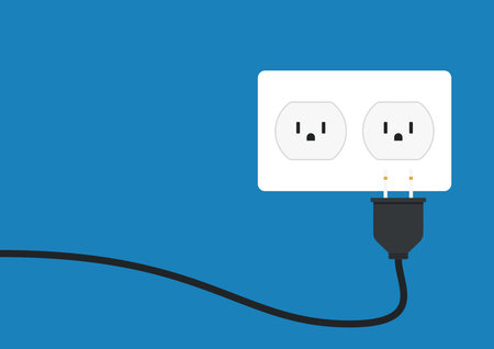 Black power cord vector. Black power cord cable plugged into blue wall outlet on blue wall with copy...