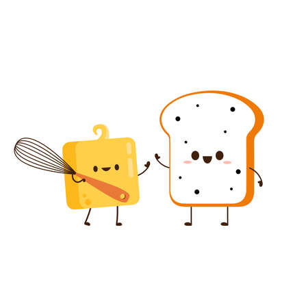 Bread and Butter character design. Cute Toast cartoon vector. Whisk vector.のイラスト素材