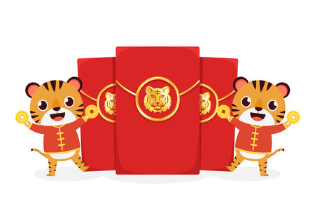 Happy Chinese new year 2022 poster. Happy Chinese new year greeting card 2022 with cute tiger. Tiger character design.のイラスト素材