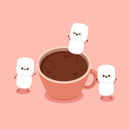 Funny Marshmallows characters  and cup of coffee. Marshmallows character design. Dessert cartoon.のイラスト素材