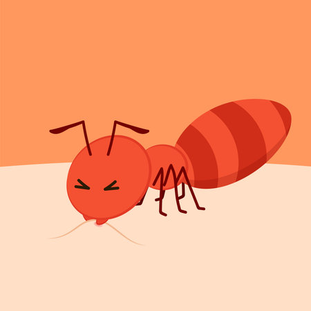 Ant character vector. Ant on Human skin. Red ant bite the skin.