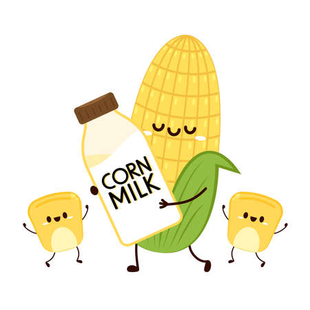 Corn cartoon vector. Cute vegetable vector character set isolated on white. Corn milk vector.のイラスト素材