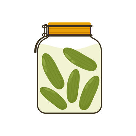 Pickles in jar, isolated jar of pickled cucumbers. Marinated vegetables in can, homemade production full of probiotics. pickled cucumbers cartoon vector.のイラスト素材