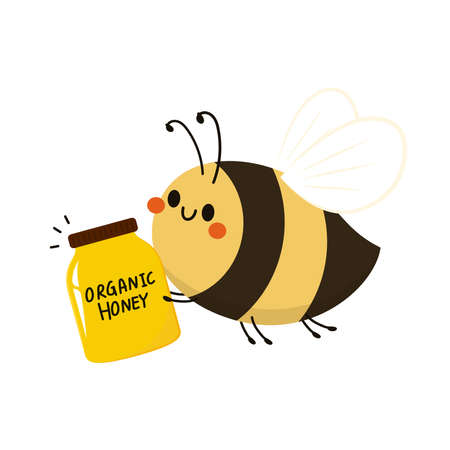 Cute bee cartoon with lettering on white background vector. Bee and  honey jar vector.のイラスト素材