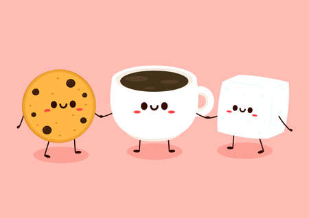 Coffee cup, Sugar cube and Cookie character design. cartoon vector.のイラスト素材