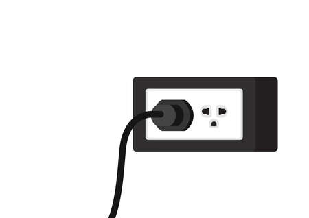 Black power cord vector. Black power cord cable plugged into white wall outlet on white wall with copy space.のイラスト素材