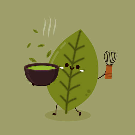 Tea leaves character. tea leaves on Green background. wallpaper. Matcha character design.のイラスト素材