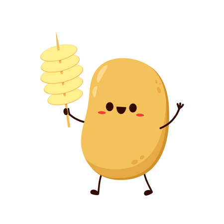 Potato mascot. Twisted spiral chips. Vector tornado potato. Illustration fast food.のイラスト素材