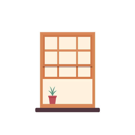 Wooden window vector. Traditional wooden window isolated. Cartoon vector window - element of architecture and interior design.のイラスト素材
