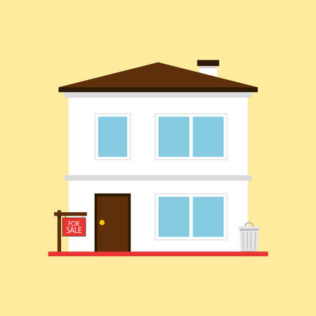 House for sale cartoon vector. The house and sign in the foreground with the information. Vector illustration in flat style.のイラスト素材