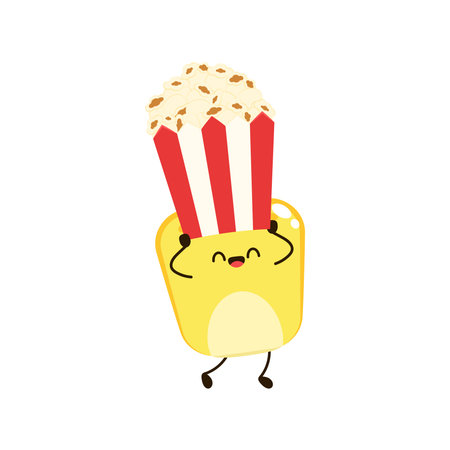 Corn and popcorn cartoon. Vector mascot, cartoon and illustration of a corn holding popcorn. Character design.のイラスト素材