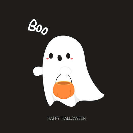 Cute ghost cartoon vector. Halloween party with cute ghost and fancy balloons. Trick or treat with holidays cartoon character.のイラスト素材